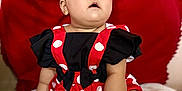 Anaya joined the competition — help win amazing prizes! baby, child, infant, mickey_mouse, minnie_mouse, headband, red, black, white, polka_dot, bracelet, earrings, costume, cute, sitting, blanket, footwear, indoors, portrait, accessories