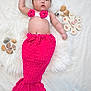 3_months_sign, adorable, baby, celebration, child, costume, crochet, cute, decor, fluffy_rug, handmade, headband, infant, lying_down, mermaid_costume, pink, portrait, shells, soft_texture, white_background