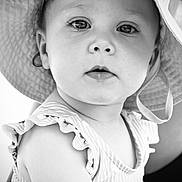 Mia a rejoint le concours — aidez-le/la à gagner de superbes lots ! toddler, child, portrait, black_and_white, hat, face, eyes, clothing, sleeveless, striped, person, cute, baby, expression, skin, summer, outdoor, closeup, headwear, curious