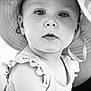 toddler, child, portrait, black_and_white, hat, face, eyes, clothing, sleeveless, striped, person, cute, baby, expression, skin, summer, outdoor, closeup, headwear, curious