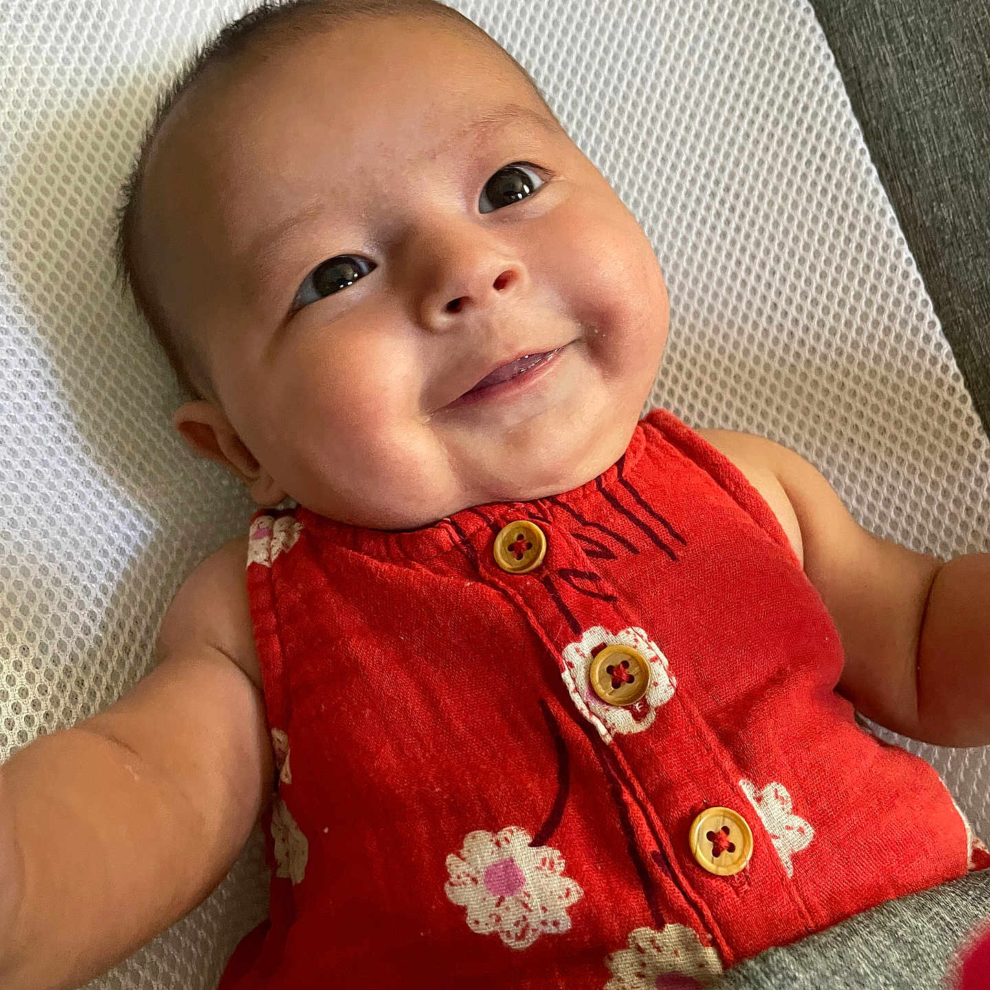Isabella joined the competition — help win amazing prizes! accessories, applique, baby, babylaughing, clothing, cushion, dress, face, happy, head, homedecor, jewelry, knitwear, necklace, pattern, person, photography, portrait, smile, sweater