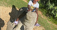 Jonnesty is registered to the contest to win money with this photo: child, toddler, outdoor, statue, elephant, zoo, park, braids, smiling, sitting, riding, sandal, t_shirt, playful, sunlight, shadow, greenery, grass, gravel, portrait