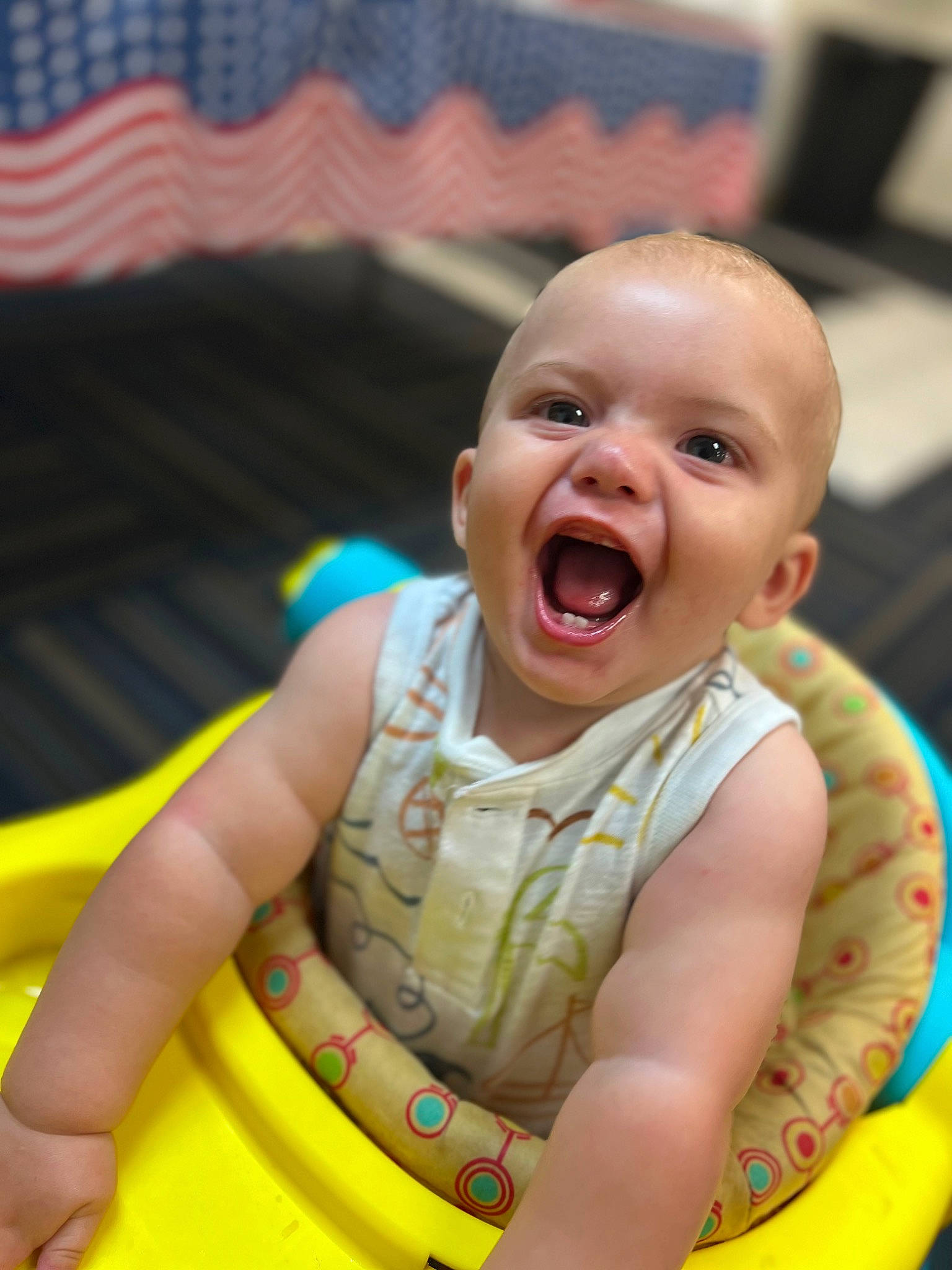 Tripp is registered to the contest to win money with this photo: baby, baby_products, baby_toddler_clothing, child, event, fun, happy, humour, laugh, leisure, person, play, recreation, sitting, smile, toddler, vacation