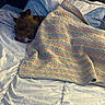 Unique joined the competition — help win amazing prizes! dog, sleeping, bed, blanket, pastel, striped_blanket, cozy, nap, bedroom, bedding, pillow, indoor, relaxed, short_hair, brown_dog, snuggled, resting, home, soft, photography