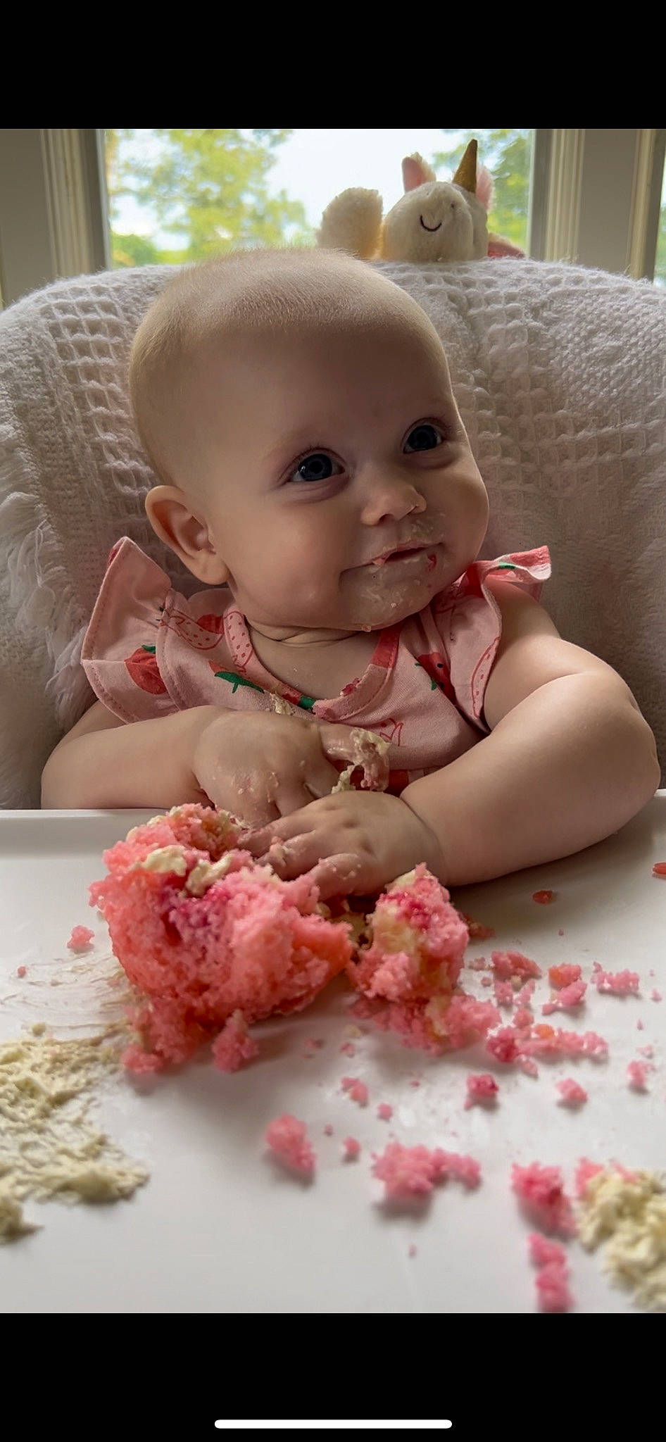 Mabel is registered to the contest to win money with this photo: baby, baby_playing_with_food, baby_toddler_clothing, birthday_cake, cheek, child, dessert, dress, food, food_craving, happy, icing, ingredient, person, pink, recipe, skin, smile, sugar_cake, sweetness