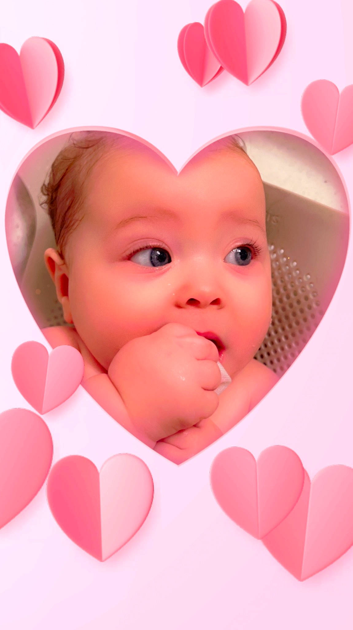 Aria joined the competition — help win amazing prizes! baby, baby_toddler_clothing, carmine, cheek, child, eyelash, face, happy, heart, linens, magenta, material_property, organ, pattern, peach, person, petal, pink, surprise, sweetness