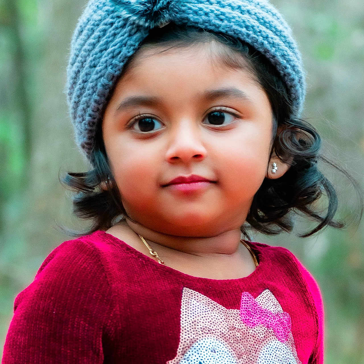 Taniyah joined the competition — help win amazing prizes! child, curly_hair, cute, earrings, fall, fashion, forest, fox_design, girl, hat, knitted_hat, necklace, outdoor, pom_pom, portrait, red_dress, sequins, smiling, warm_clothing, young_child