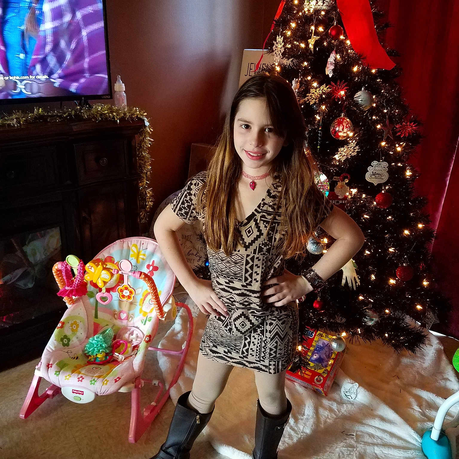 Lilianna joined the competition — help win amazing prizes! christmas, christmas_decoration, christmas_eve, christmas_lights, christmas_tree, dress, event, fashion, fashion_design, fawn, holiday, human_body, human_leg, interior_design, joy, leg, long_hair, person, sitting, thigh