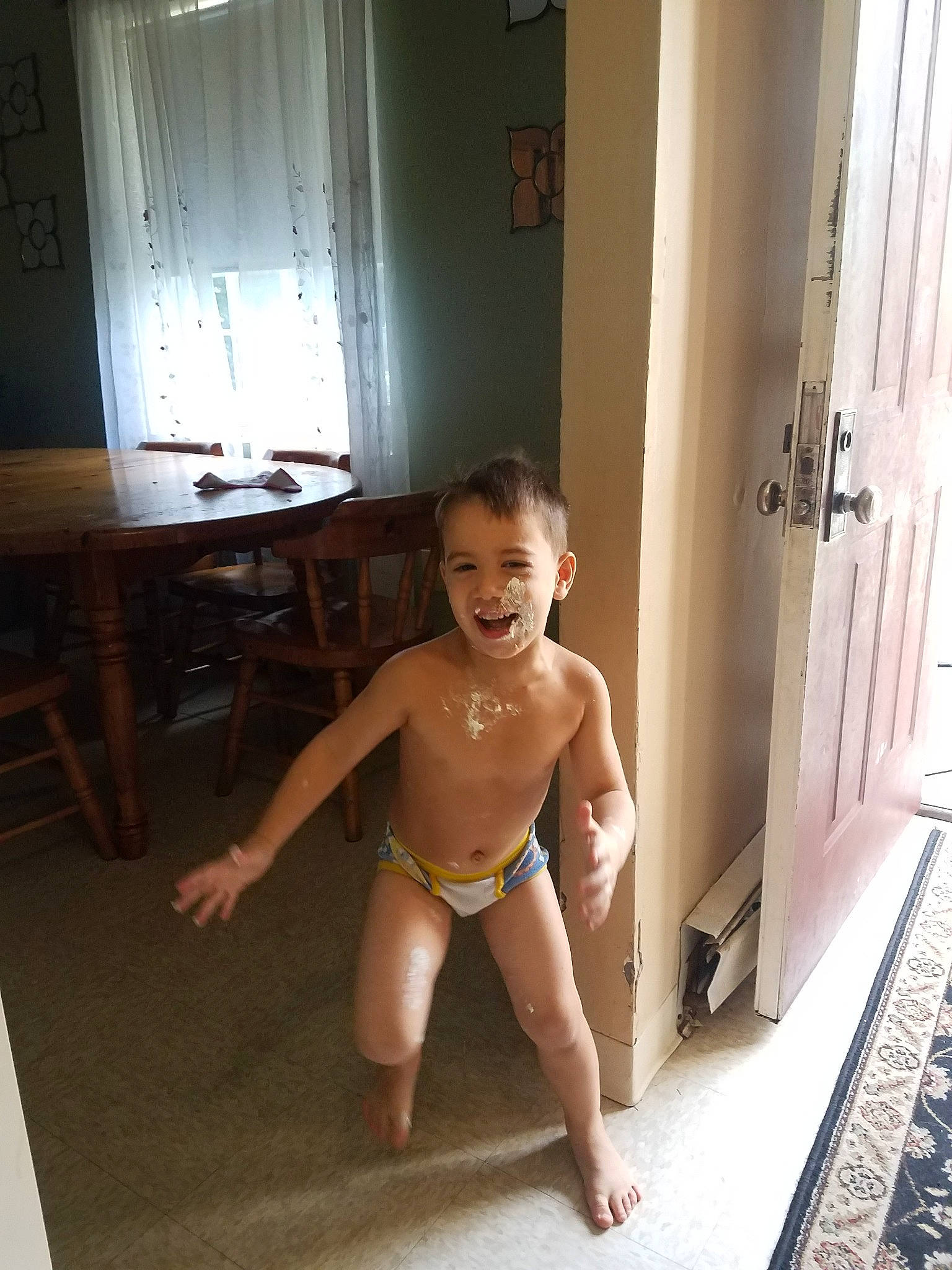 Jeffrey is registered to the contest to win money with this photo: barefoot, briefs, child, floor, leg, person, photography, room, toddler, vacation