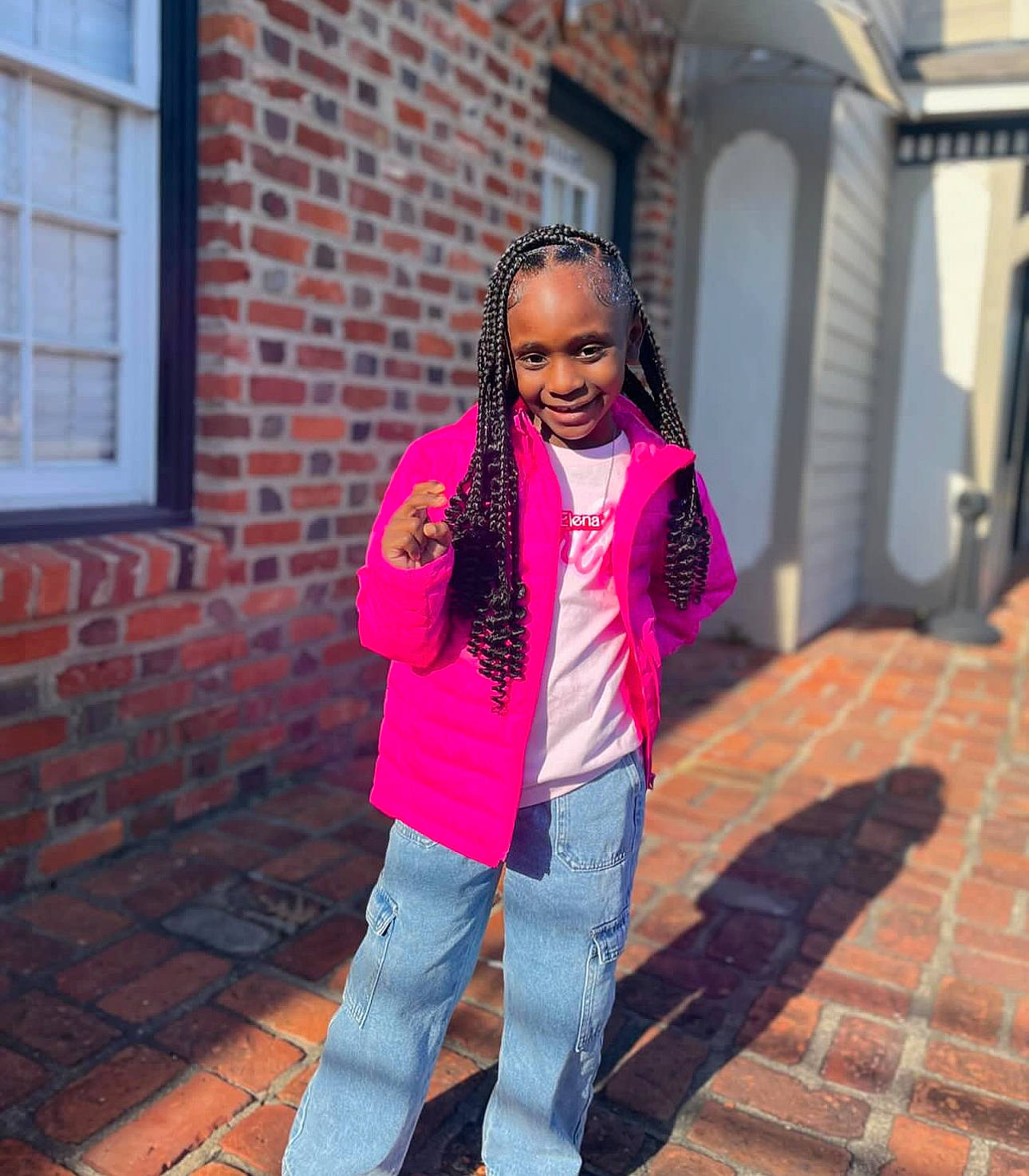 Elena joined the competition — help win amazing prizes! brick, child, city, denim, electric_blue, eyewear, fashion_accessory, flooring, fun, hairstyle, happy, jewellery, joy, leisure, magenta, pedestrian, person, sidewalk, street, toddler