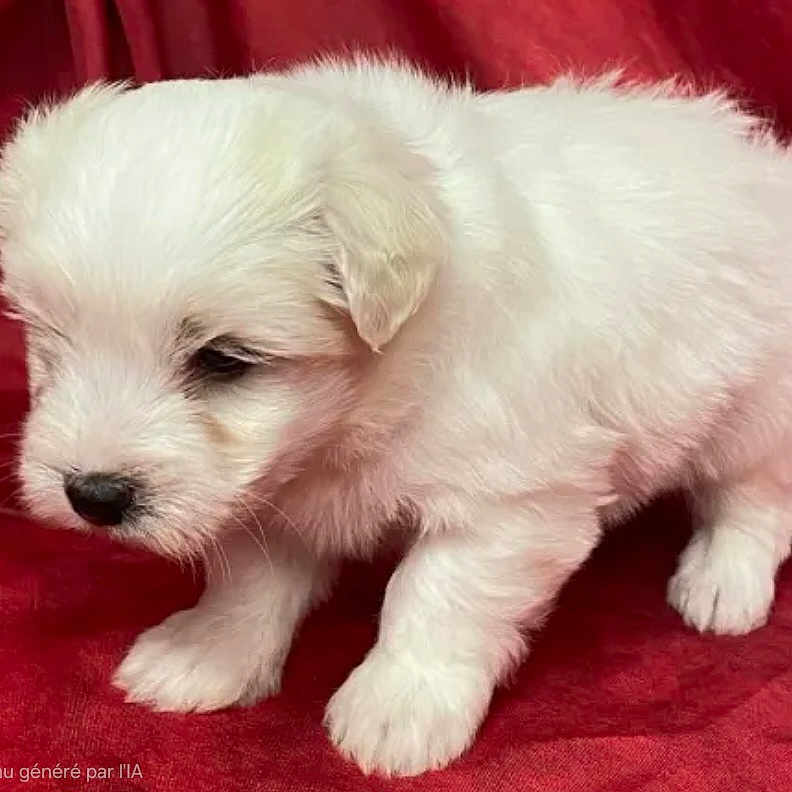 Alpha participe au concours pour gagner de l'argent avec cette photo : adorable, animal, canine, closeup, cute, dog, fluffy, fur, fur_texture, indoor, mammal, pet, portrait, puppy, red_background, small, soft, standing, white, young