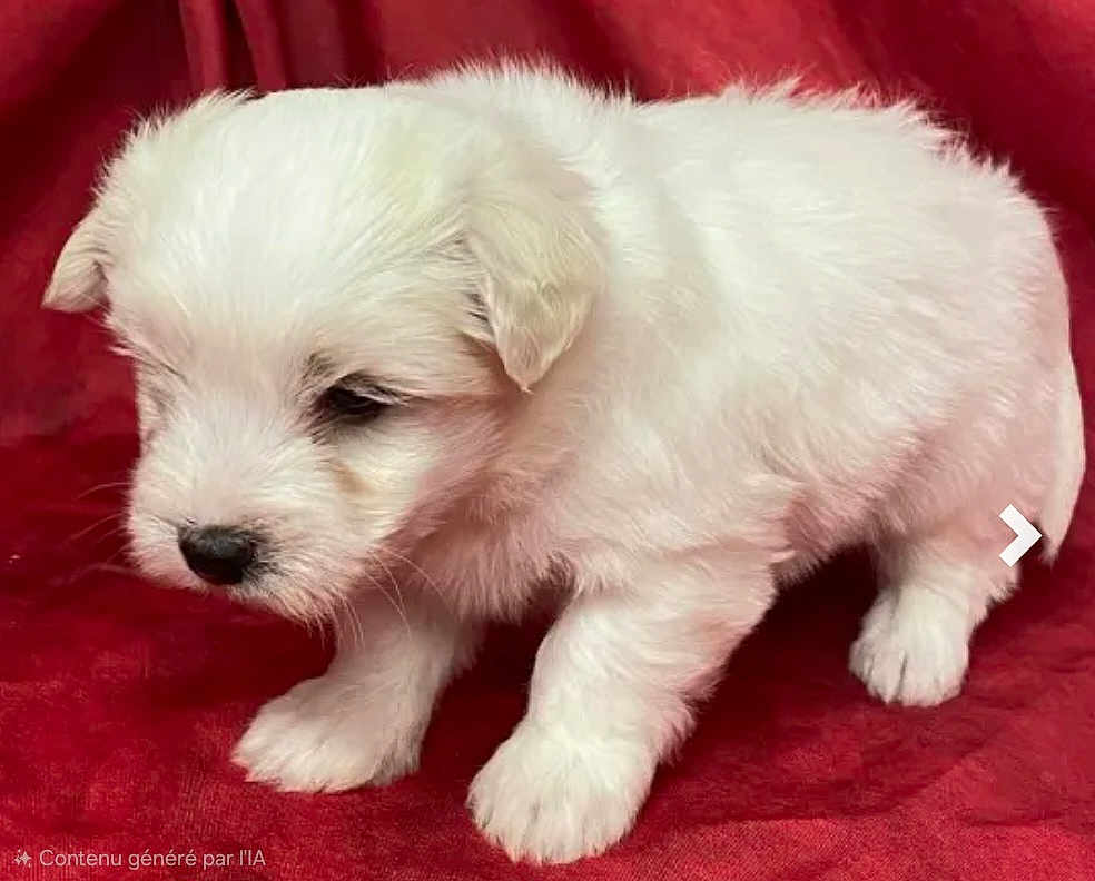 Alpha participe au concours pour gagner de l'argent avec cette photo : puppy, dog, white, fluffy, fur, animal, pet, cute, young, small, standing, red_background, indoor, adorable, mammal, canine, portrait, closeup, soft, fur_texture