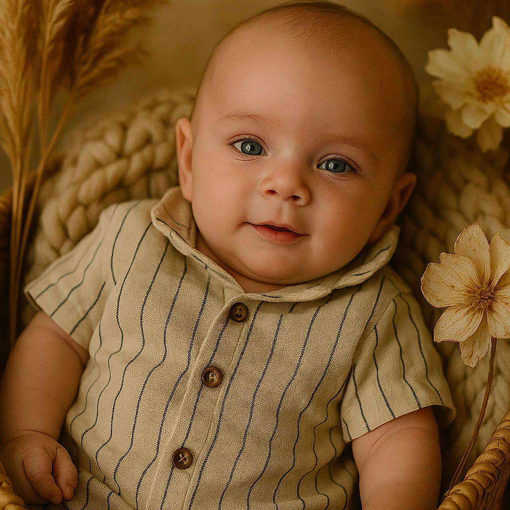 Marin participe au concours pour gagner de l'argent avec cette photo : baby, basket, buttoned_shirt, child, cozy, cute, dried_flowers, eyes, face, hand, head, indoor, infant, neutral_colors, portrait, relaxed, smiling, soft_lighting, striped_clothing, woven_basket