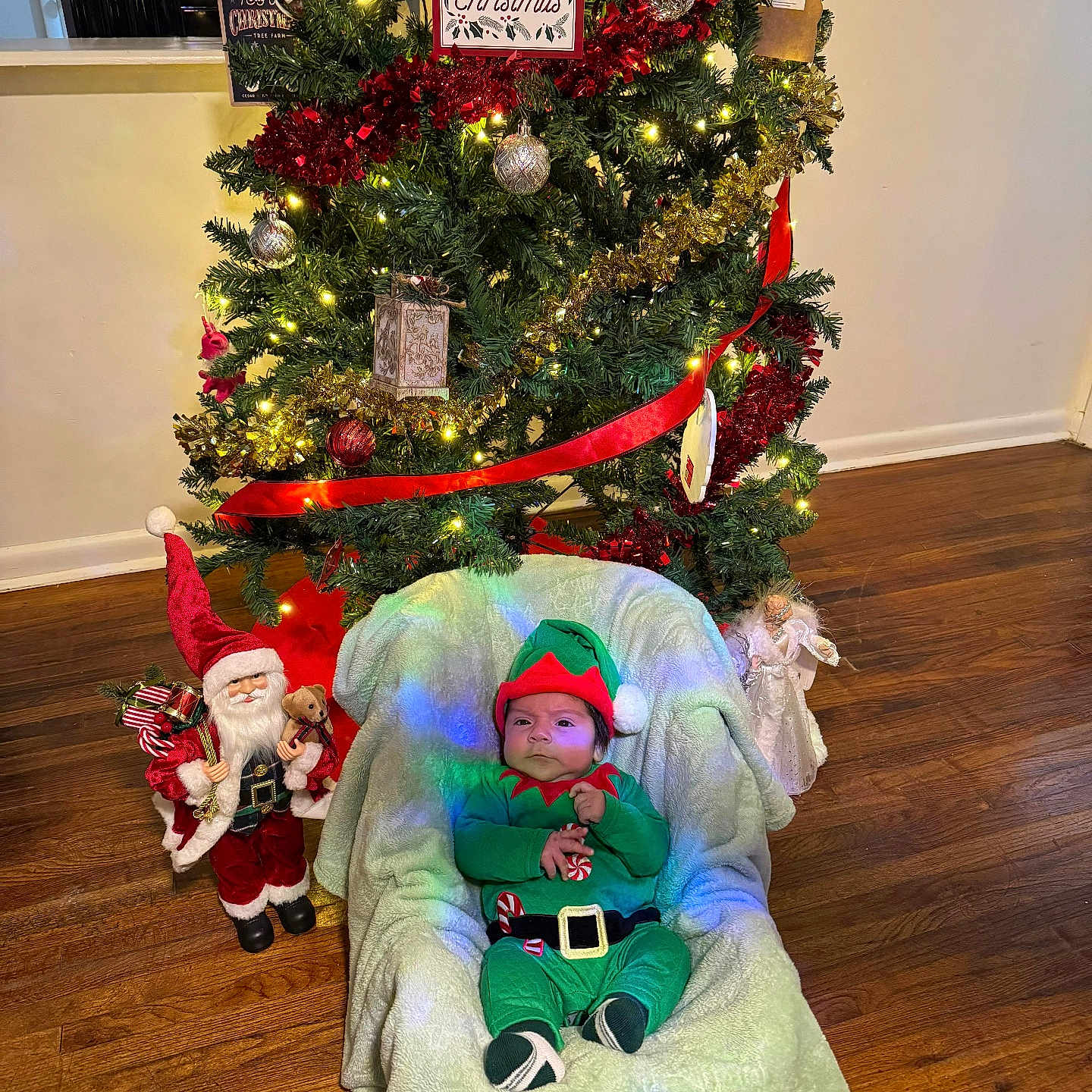 Joshua is registered to the contest to win money with this photo: baby, celebration, christmas_decorations, christmas_tree, decor, elf_costume, festive, green_clothing, holiday, holiday_spirit, indoor, lights, ornaments, red_hat, santa_figurine, seasonal, soft_blanket, toddler, toy, wooden_floor