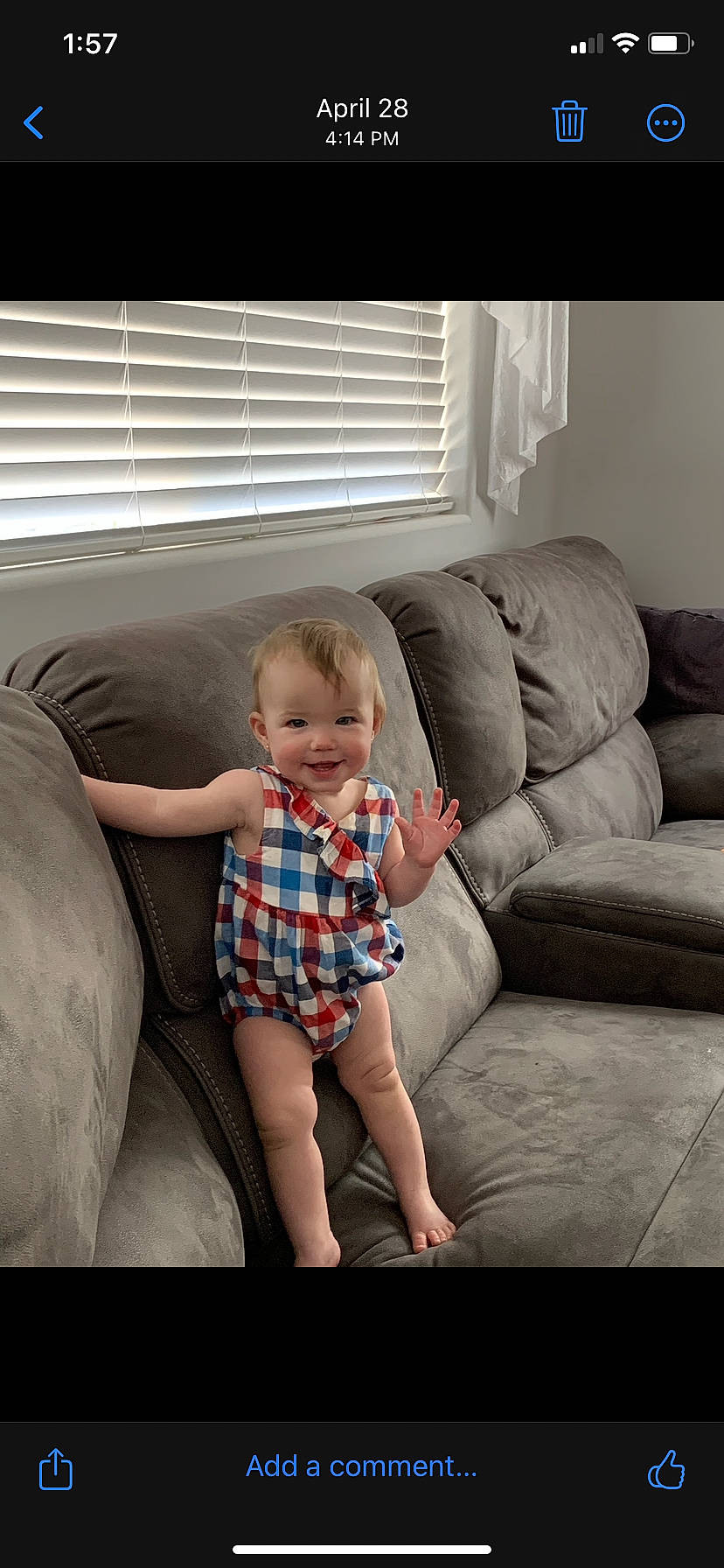 Artemis is registered to the contest to win money with this photo: baby, baby_toddler_clothing, comfort, couch, eye, foot, human_leg, joy, knee, lap, living_room, pattern, person, plaid, room, sitting, smile, studio_couch, textile, thigh