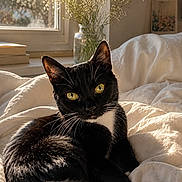 Noodles is registered to the contest to win money with this photo: cat, black_cat, bed, white_bedding, window, sunlight, flowers, vase, cozy, indoor, pet, animal, resting, yellow_eyes, whiskers, soft_light, relaxed, feline, domestic_cat, curled_up