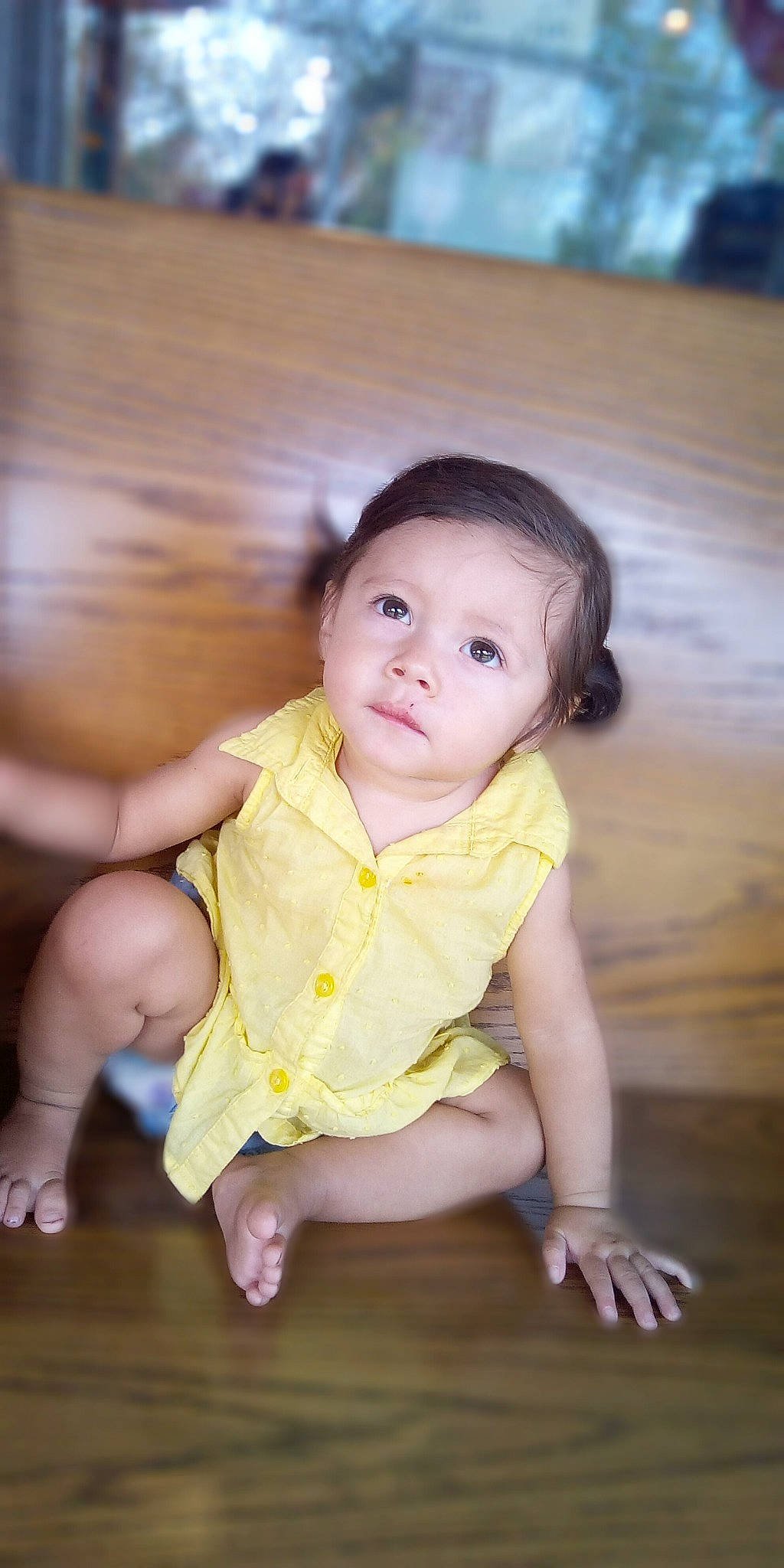 Tatiana is registered to the contest to win money with this photo: baby, beauty, cheek, child, child_model, floor, person, photography, portrait, sitting, skin, smile, standing, toddler, wood, yellow