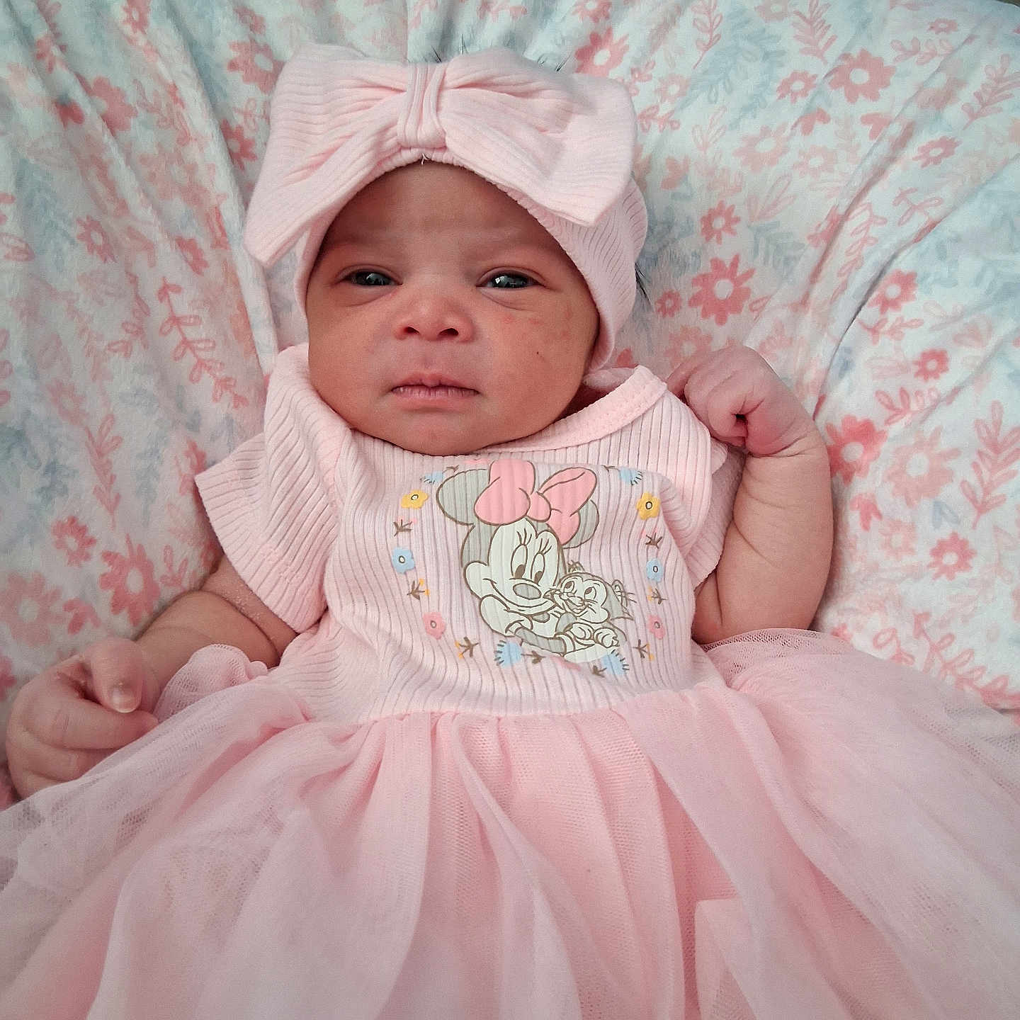 Ja'Mazia is registered to the contest to win money with this photo: baby, infant, pink_dress, headband, bow, blanket, floral_pattern, cute, portrait, child, newborn, soft_fabric, indoors, person, young_child, lying_down, fashion, apparel, tulle_skirt, adorable