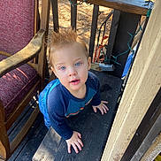 Andrew is registered to the contest to win money with this photo: toddler, child, blue_eyes, spiky_hair, wooden_bench, porch, outdoor, chair, hands, curious, wood, railing, daylight, casual_clothing, person, young_child, natural_light, playful, looking_up, autumn
