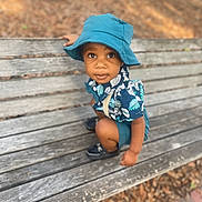 Jemontay Burke is registered to the contest to win money with this photo: toddler, child, blue_hat, bench, outdoor, curious, sitting, leaf_pattern, shorts, shoes, park, wooden_bench, nature, daylight, cute, portrait, person, casual_clothing, young_child, expression