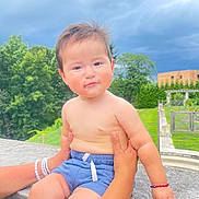 Enzo is registered to the contest to win money with this photo: baby, bracelet, child, cloudy_sky, confident, cute, expression, greenery, hands, nature, outdoor, person, portrait, shirtless, shorts, skin, smirk, stone_ledge, summer, toddler