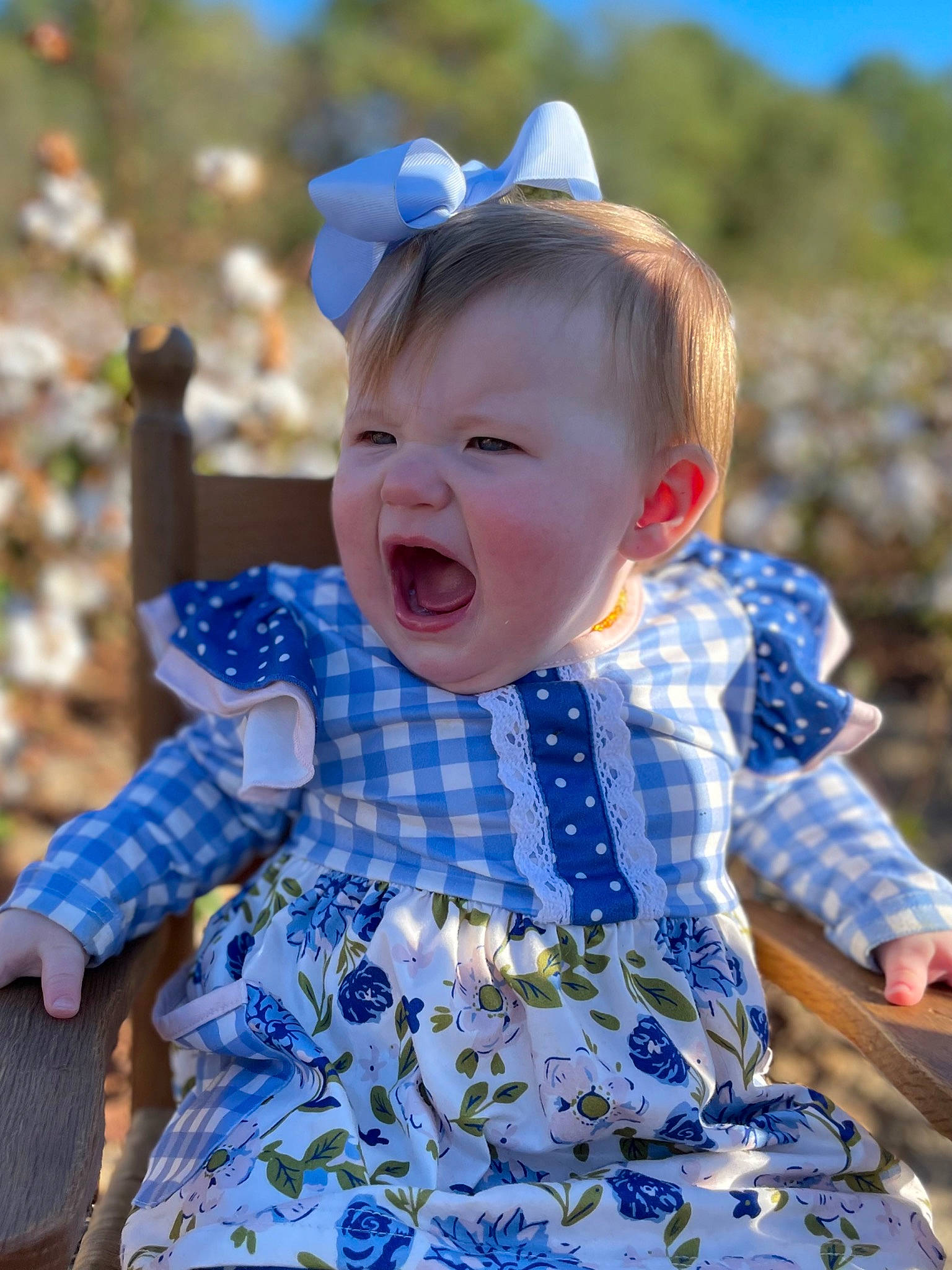 Eden joined the competition — help win amazing prizes! baby, baby_toddler_clothing, blond, cap, child, dress, electric_blue, face, fun, grass, happy, hat, pattern, person, photograph, purple, skin, sleeve, smile, sun_hat