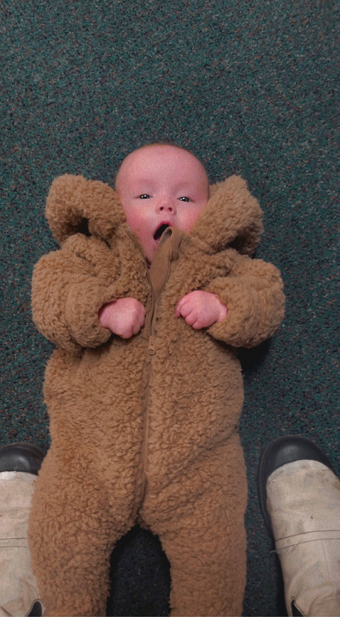 Everly is registered to the contest to win money with this photo: baby_toys, beige, brown, carmine, comfort, finger, foot, fur, gesture, nail, person, plush, stuffed_toy, teddy_bear, thumb, toy, wool