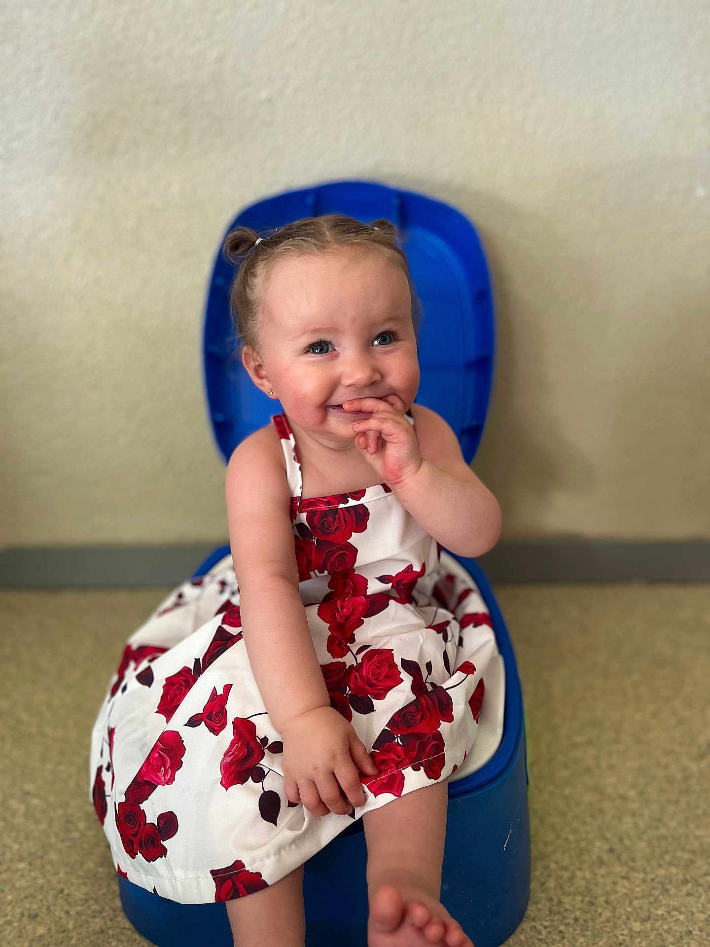 Kiara a rejoint le concours — aidez-le/la à gagner de superbes lots ! toddler, child, potty, blue_potty, dress, red_roses, white_dress, pigtails, smiling, happy, indoor, carpet, wall, cute, baby, person, sitting, portrait, fingers, barefoot