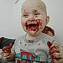 baby, child, messy, chocolate, food, happy, smile, face, hands, tshirt, indoor, person, cute, playful, toddler, expression, young, fun, dirt, clothing