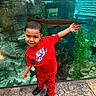 child, boy, red_clothing, nike_logo, aquarium, fish, underwater, tank, rocks, plants, water, pose, smile, black_shoes, playful, indoor, photography, young, person, nature