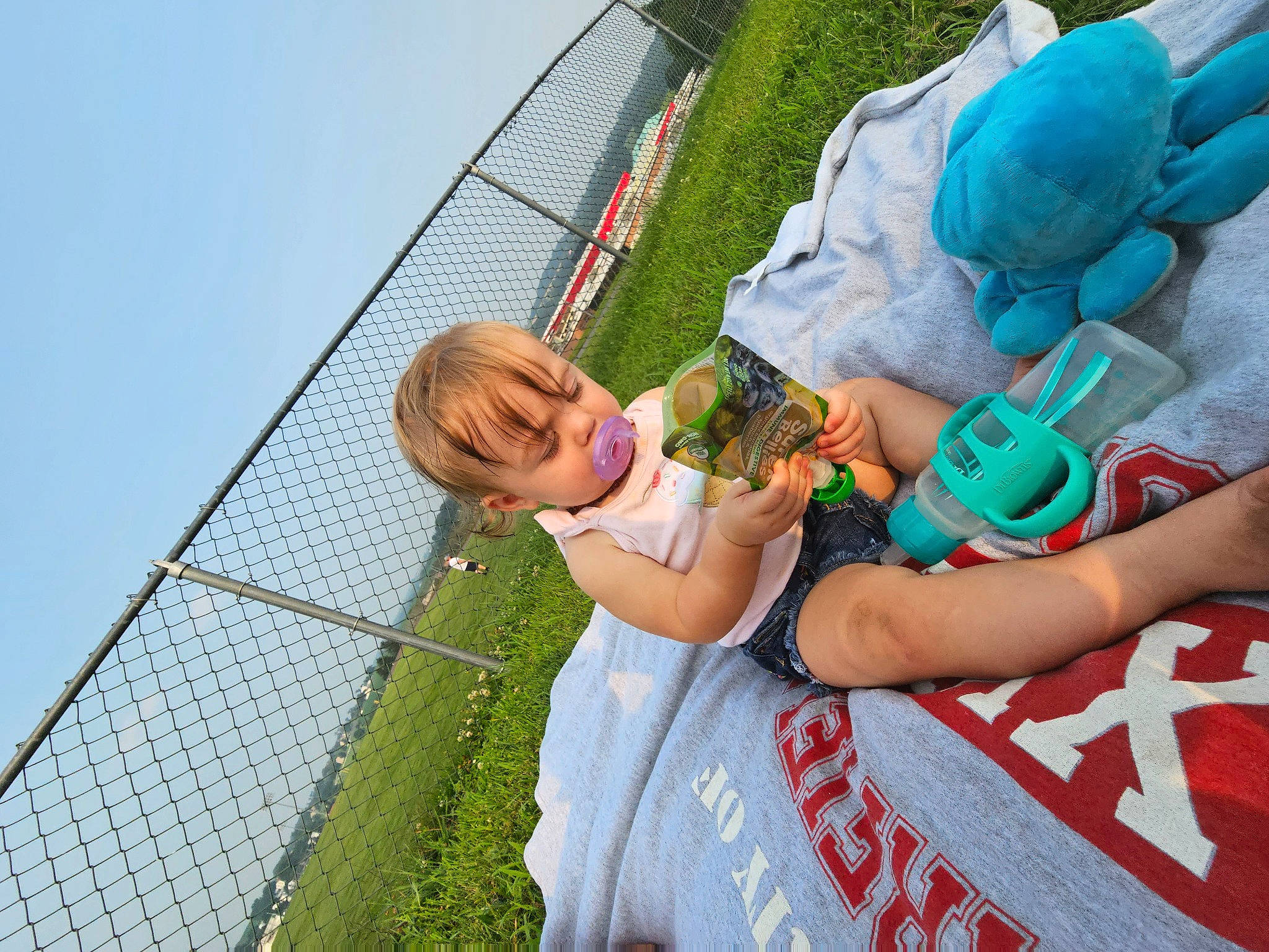 Izabella is registered to the contest to win money with this photo: blue, child, electric_blue, event, fence, fun, grass, happy, leisure, outdoor_play_equipment, people_in_nature, person, plant, recreation, sky, smile, swing, toddler, tree, vacation