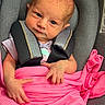 Hazel Faith joined the competition — help win amazing prizes! newborn, baby, car_seat, blanket, pink, infant, child, face, hands, clothing, seatbelt, portrait, cute, young, human, indoors, sitting, expression, skin, head