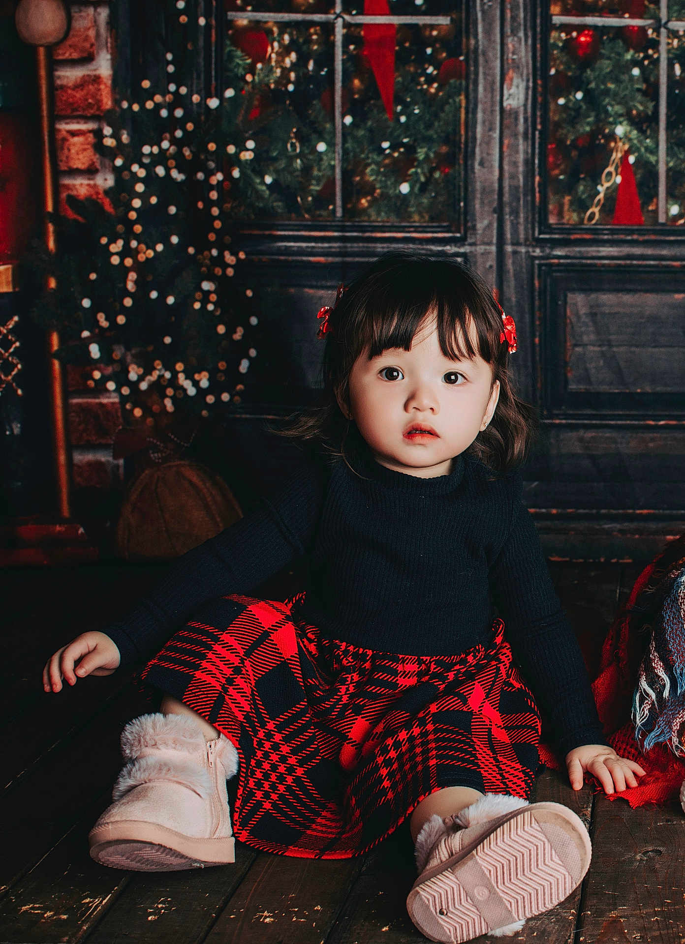Zephanie joined the competition — help win amazing prizes! baby, bodypart, clothing, dress, face, finger, footwear, hand, happy, hardwood, head, pants, person, photography, portrait, shoe, sitting, smile, tartan, wood