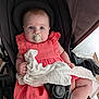 baby, pacifier, stroller, coral_dress, white_cloth, blue_eyes, infant, child, cute, soft_skin, indoors, seat_belt, baby_clothing, hand, legs, furniture, comfort, closeup, portrait, childcare