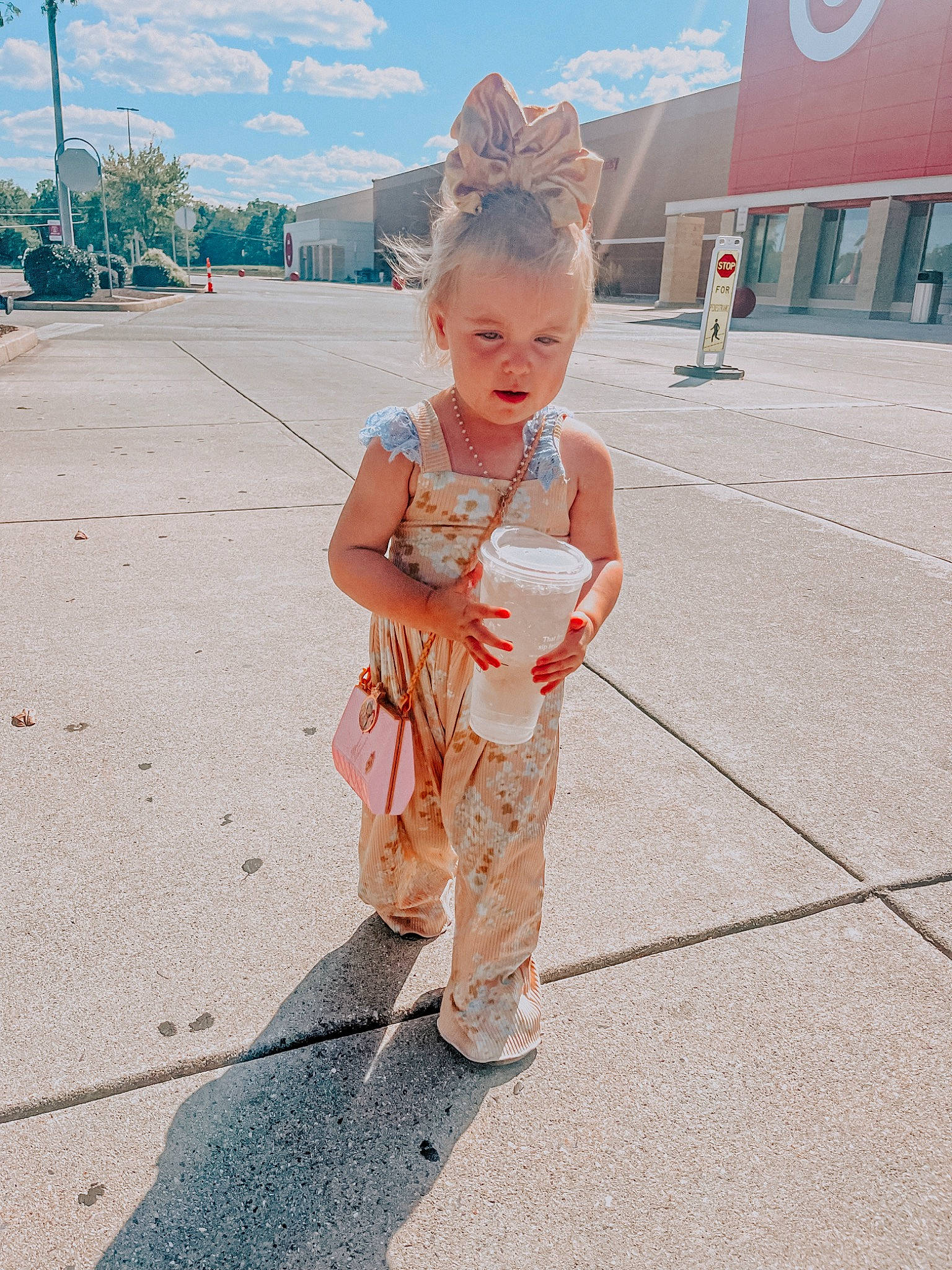 Wyllow joined the competition — help win amazing prizes! asphalt, baby, blond, child, flooring, fun, happy, leisure, pedestrian, person, recreation, road, road_surface, sandal, sidewalk, sky, street, toddler, travel, tree