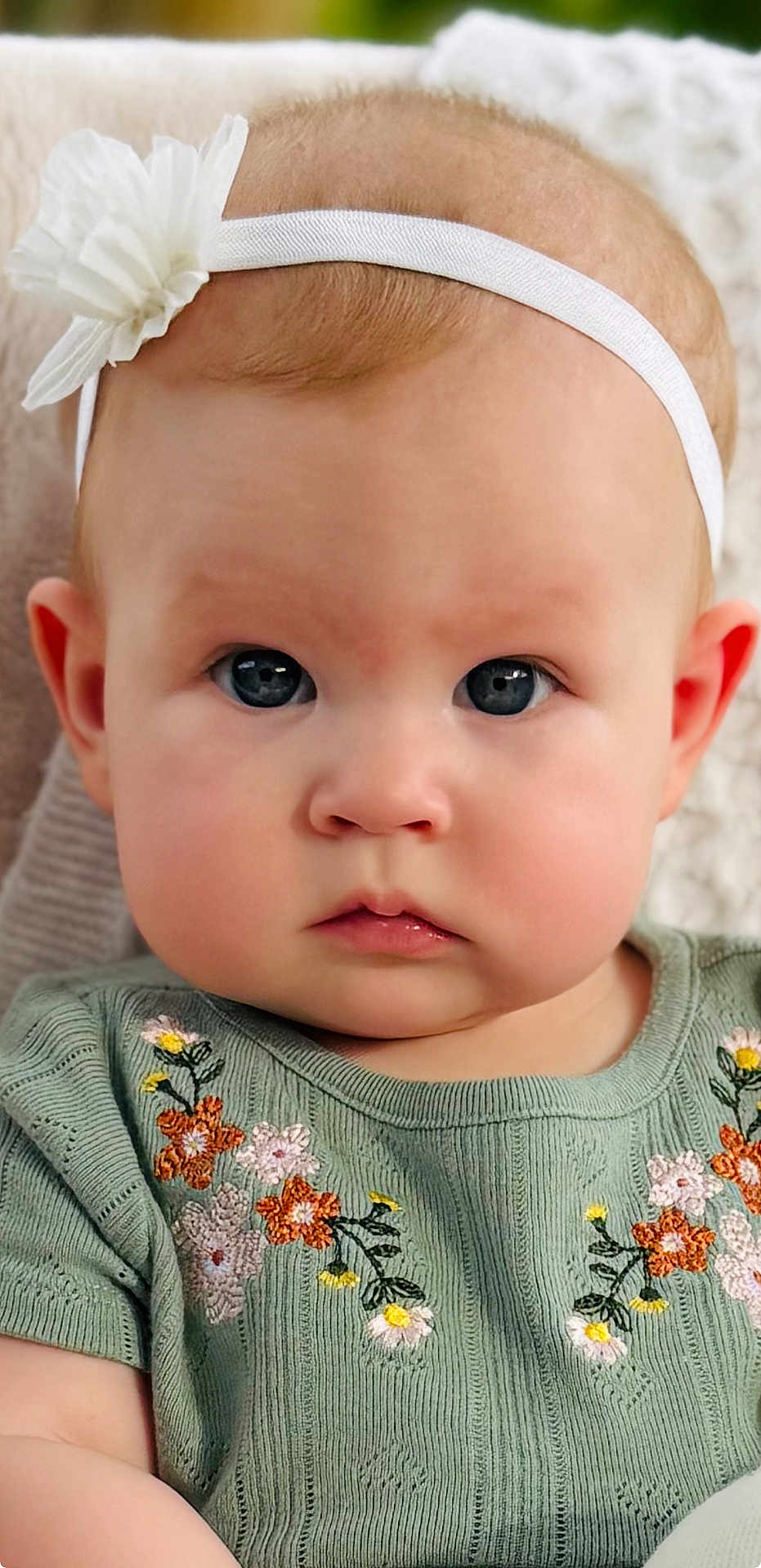 Stella is registered to the contest to win money with this photo: baby, infant, child, headband, flower, blue_eyes, green_clothing, embroidered, portrait, close_up, cute, soft_lighting, indoor, young, skin, face, person, apparel, expression, cozy