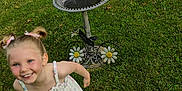 Hermonie joined the competition — help win amazing prizes! child, girl, smiling, dress, pigtails, grass, birdbath, flowers, outdoor, playful, motion_blur, happy, summer, nature, greenery, lawn, sunlight, cute, welcome_sign, metal_art