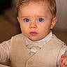 toddler, child, portrait, face, blue_eyes, vest, bow_tie, formal_clothing, hair, cute, indoor, table, hand, expression, person, skin, young, fashion, closeup, baby
