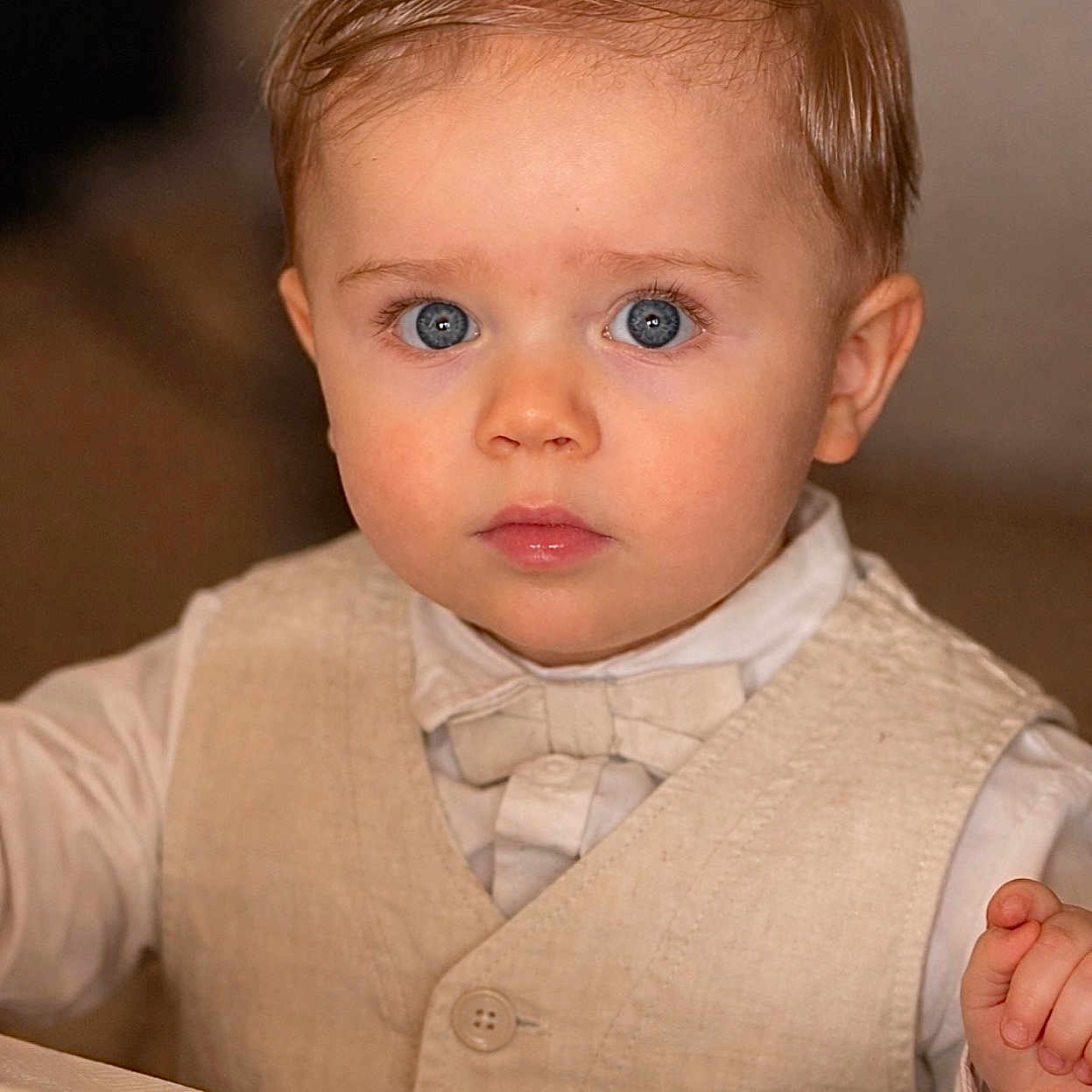 Alessio a rejoint le concours — aidez-le/la à gagner de superbes lots ! toddler, child, portrait, face, blue_eyes, vest, bow_tie, formal_clothing, hair, cute, indoor, table, hand, expression, person, skin, young, fashion, closeup, baby