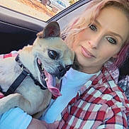 Brody joined the competition — help win amazing prizes! woman, dog, car, window, autumn, plaid_shirt, tongue_out, happy, pet, smile, light_hair, casual_clothing, indoor, daylight, face, closeup, animal, person, leash, holding