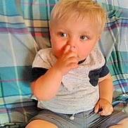 Alyjah joined the competition — help win amazing prizes! toddler, child, blonde_hair, sitting, plaid_blanket, casual_clothing, shorts, tshirt, indoor, cute, baby, face, hand, nose, young_child, person, portrait, skin, legs, furniture