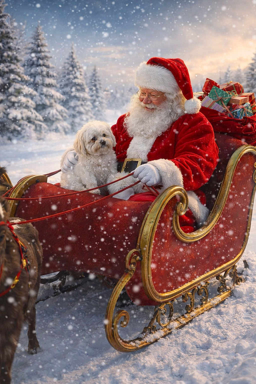 Cris is registered to the contest to win money with this photo: animal, beard, celebration, christmas, dog, festive, glasses, holiday, nature, outdoor, pine_trees, presents, red_clothing, santa_claus, sleigh, snow, snowfall, white_gloves, winter, winter_clothing