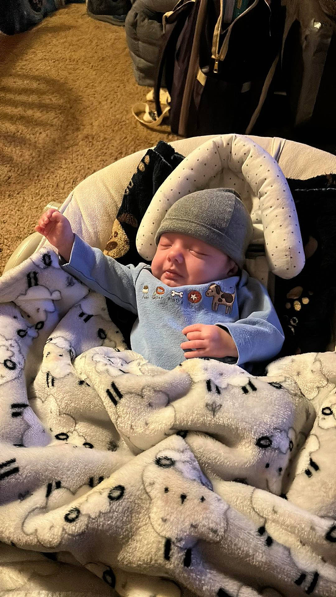Emmett is registered to the contest to win money with this photo: baby, baby_products, cap, child, comfort, fun, fur, headwear, linens, mammal, pattern, person, plush, sitting, skin, snapshot, stuffed_toy, terrestrial_animal, toddler, toy