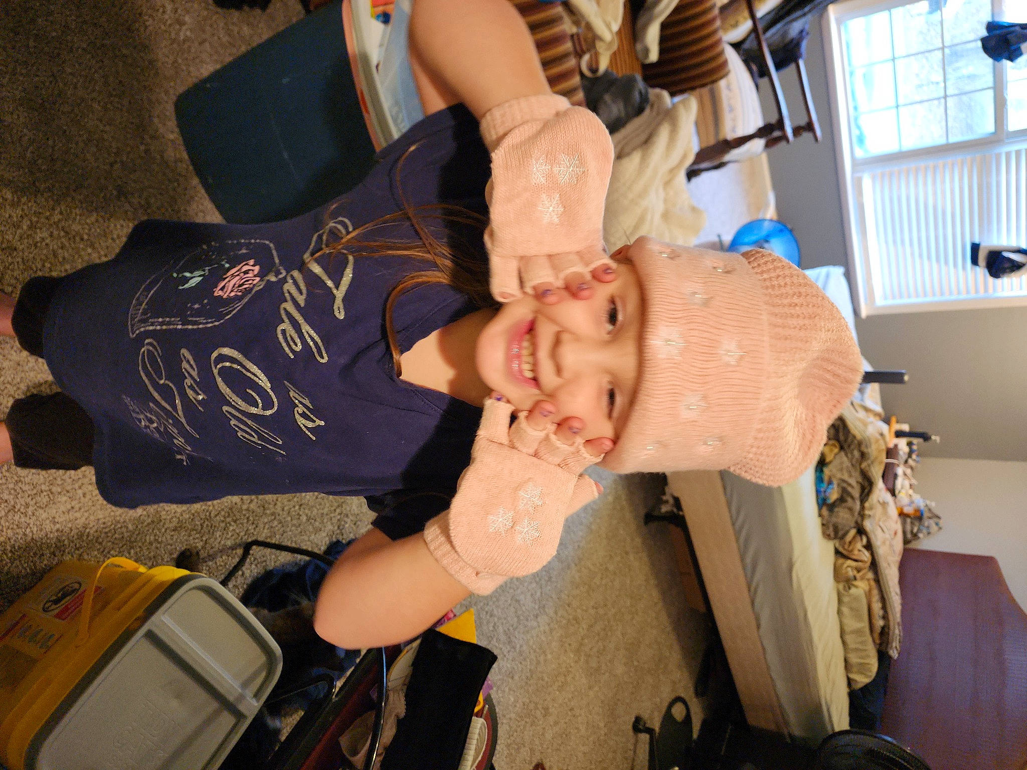 Layken joined the competition — help win amazing prizes! bag, child, finger, flesh, fun, headwear, joy, luggage_and_bags, person, room, smile, window, wrist