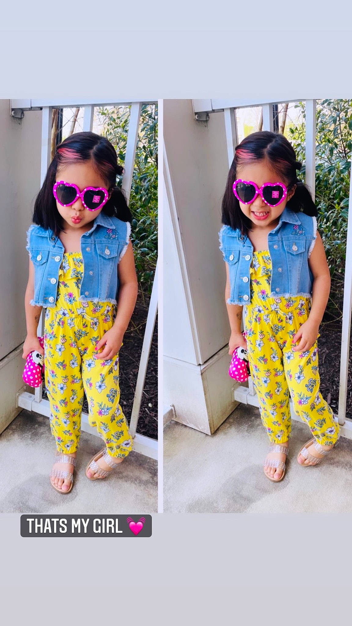 Aaliyah is registered to the contest to win money with this photo: baby_toddler_clothing, clothing, dress, eyewear, fashion, glasses, goggles, green, joint, joy, leg, outerwear, person, pink, purple, sleeve, sunglasses, textile, vision_care, waist