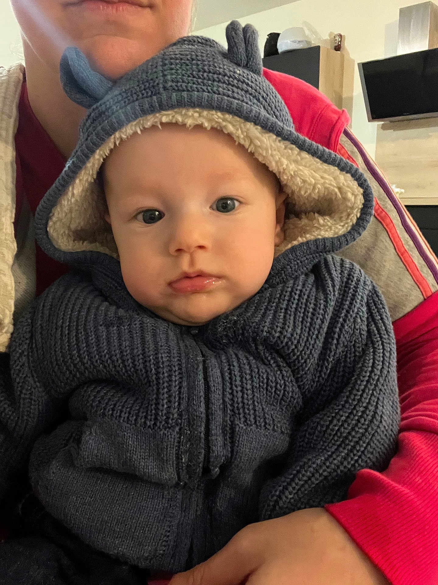 Hugo a rejoint le concours — aidez-le/la à gagner de superbes lots ! baby, child, hoodie, knitwear, indoor, person, adult, face, portrait, warm_clothing, sitting, curious, couch, home, sleeve, hand, television, shelf, red_clothing, cozy