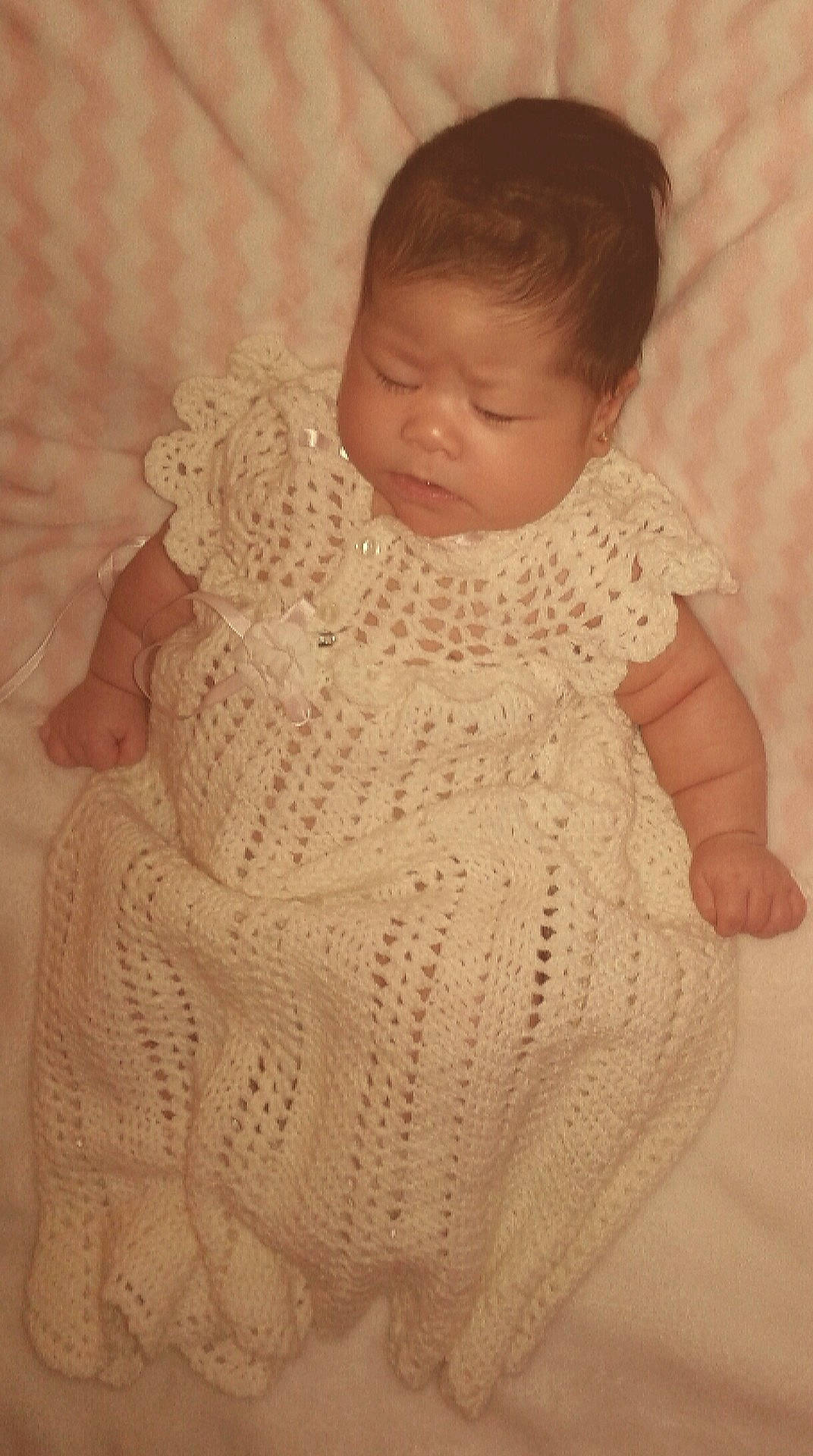 Isabella joined the competition — help win amazing prizes! beige, child, crochet, girl, infant, knitting, lace, outerwear, pattern, person, skin, textile, toddler, wool
