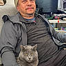 man, cat, gray_cat, beanie, glasses, couch, indoor, computer_monitor, desk, relaxed, casual_clothing, sitting, living_room, pet, furniture, window_blinds, cat_tree, technology, home, portrait