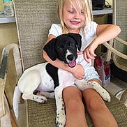Piper is registered to the contest to win money with this photo: child, dog, puppy, chair, smiling, blonde_hair, white_shirt, shorts, indoor, water_bottle, pet, happy, animal, legs, hand, furniture, black_and_white, seated, cute, young