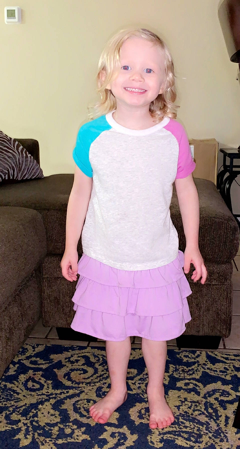 Isabella joined the competition — help win amazing prizes! baby_toddler_clothing, clothing, dress, hairstyle, iris, joint, joy, knee, leg, neck, organ, person, pink, purple, shoulder, skin, sleeve, smile, standing, textile
